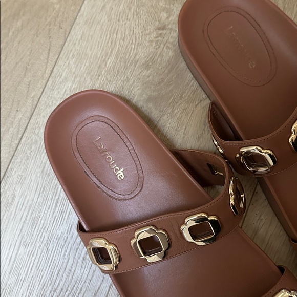 Brown Slide Sandals with Gold Accents - Picture 3 of 3